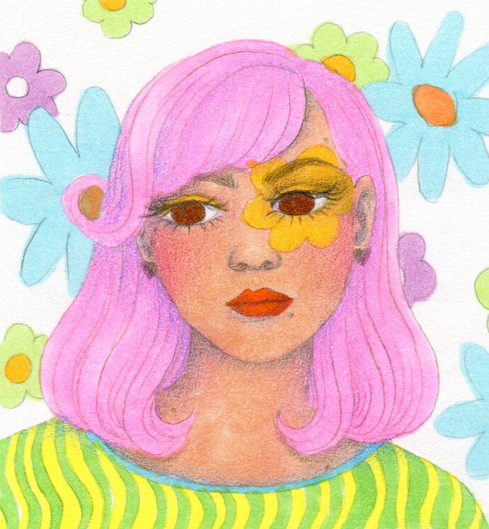 Drawing of an AFAB person with pink hair a flower painted around one eye. Wearing a yellow and green striped shirt